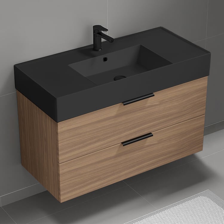 Nameeks DERIN622 Walnut Bathroom Vanity With Black Sink, 40 Inch, Wall Mounted, Modern